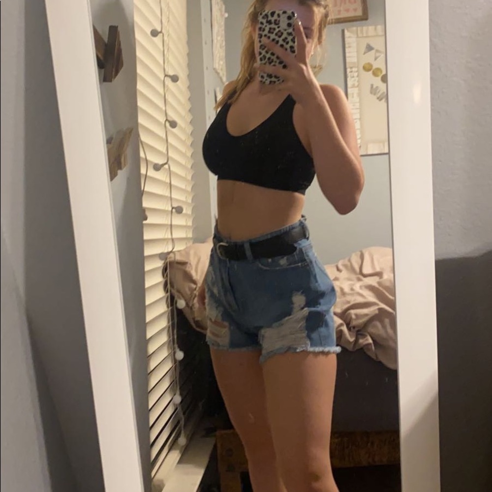 Sky Blue High Rise Distressed Denim Shorts